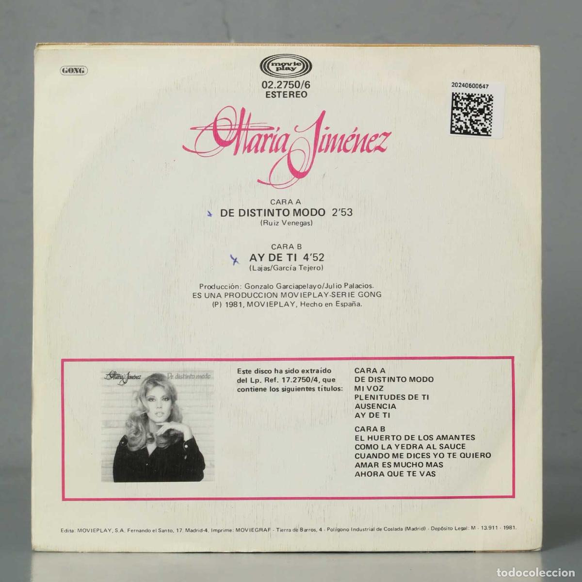 Discos de vinilo: SINGLE. Mar&iacute;a Jim&eacute;nez &ndash; De Distinto Modo - Foto 2