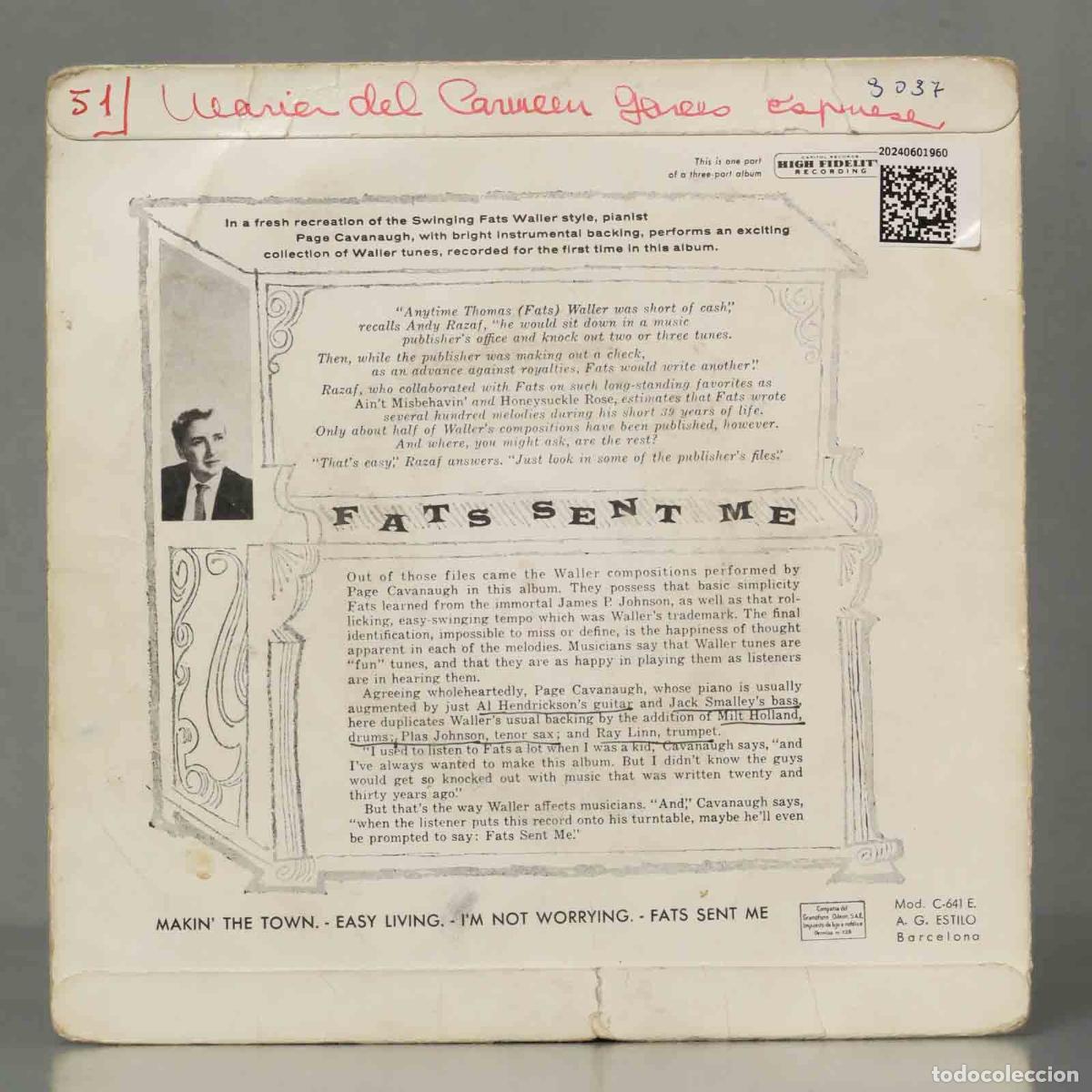 Discos de vinilo: EP. Page Cavanaugh &ndash; Fats Sent Me - Foto 2