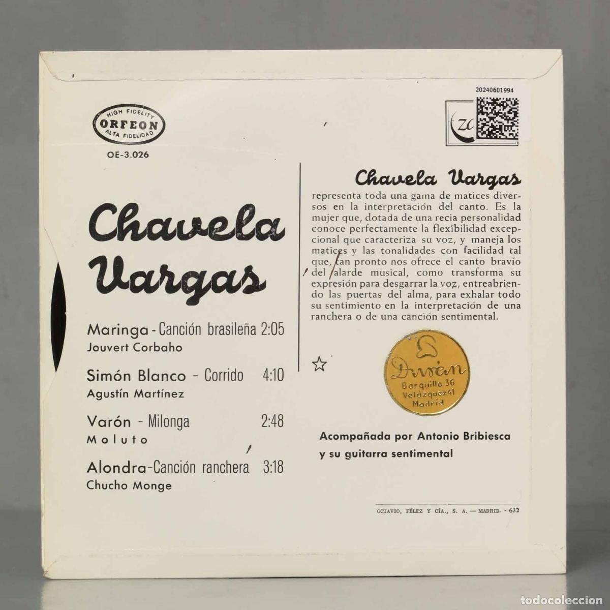 Discos de vinilo: EP. Chavela Vargas &ndash; Maringa / Sim&oacute;n Blanco / Var&oacute;n / Alondra - Foto 2