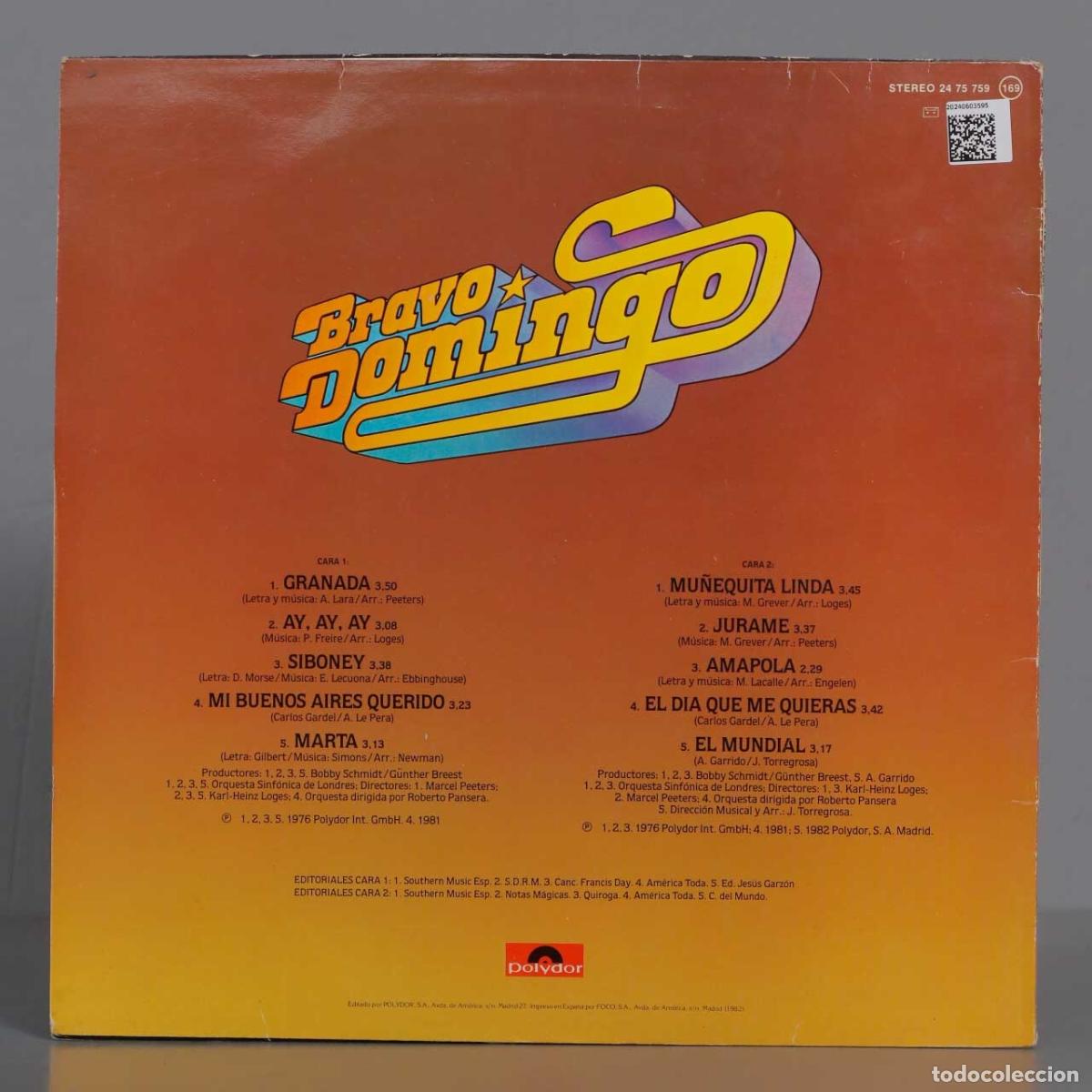 Discos de vinilo: LP. Placido Domingo &ndash; Bravo Domingo - Foto 2