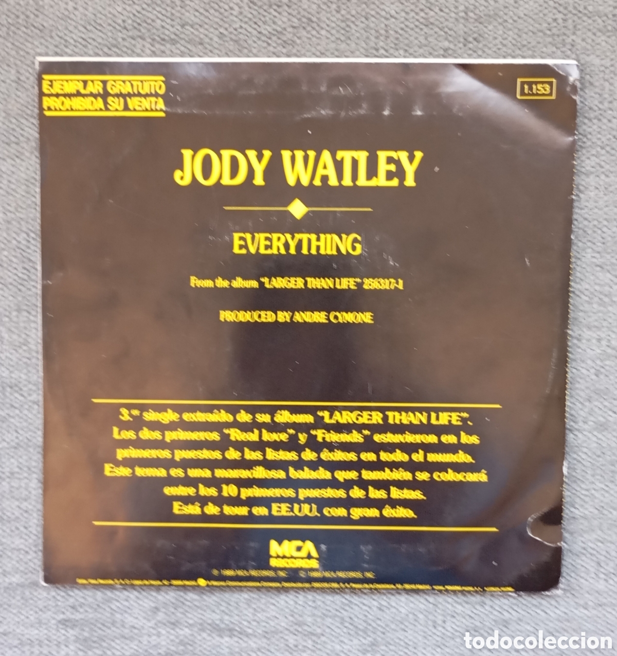 Discos de vinilo: Jody Watley. Everything/ Everything. Single 7&rdquo; PROMO, a&ntilde;o 1989. - Foto 2