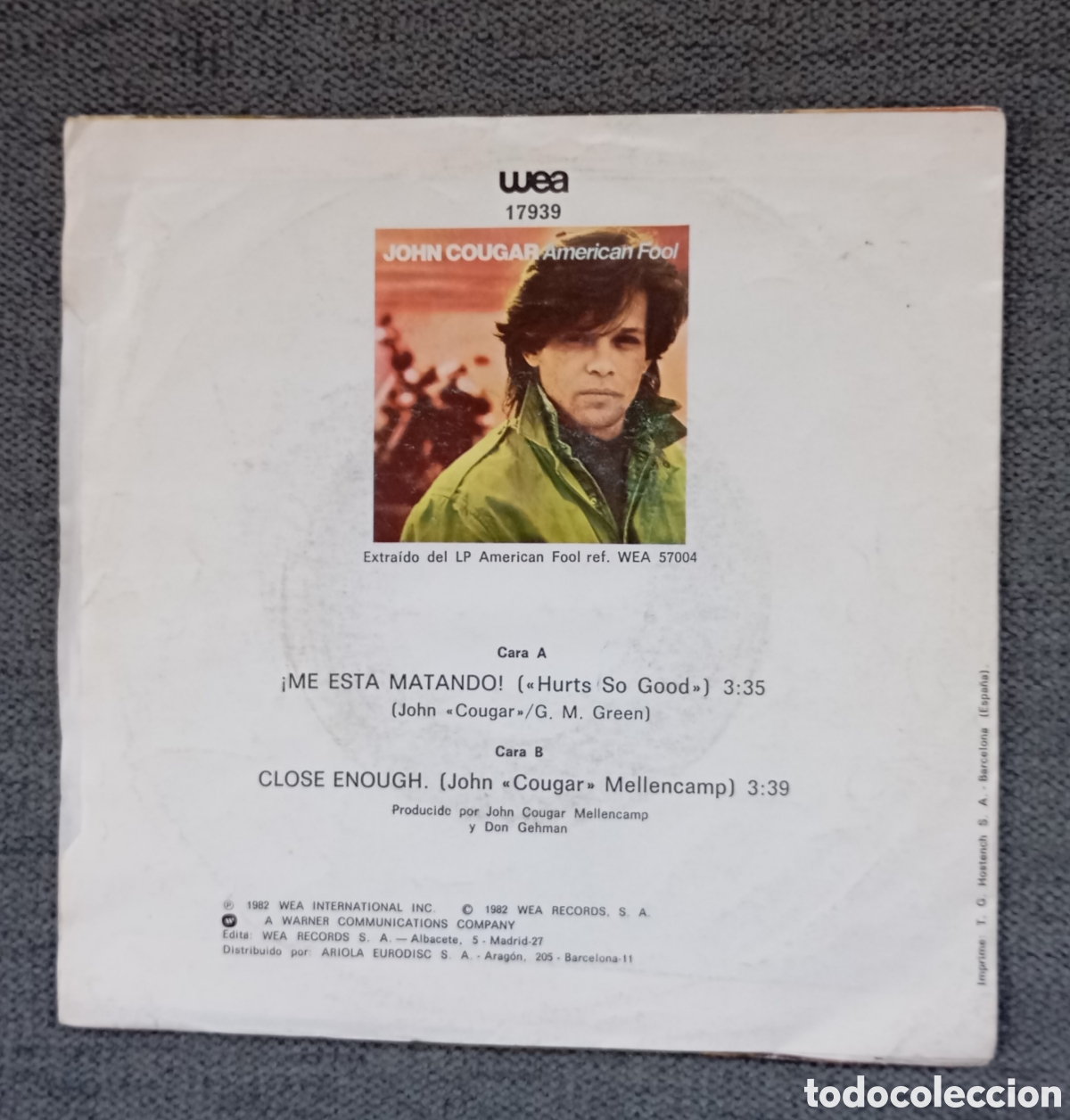 Discos de vinilo: John Cougar. Hurts So Good/ Close Enough. Single 7&rdquo;, a&ntilde;o 1982. - Foto 2