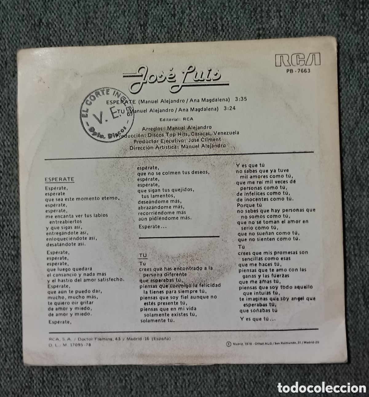 Discos de vinilo: Jose Luis Rodr&iacute;guez. Esperate/ Tu. Single 7&rdquo;, a&ntilde;o 1978. - Foto 2