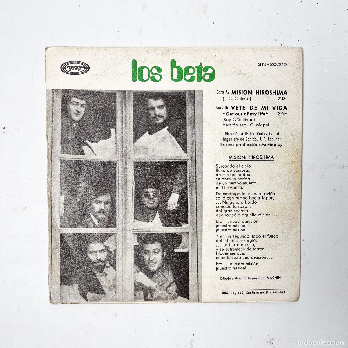 Discos de vinilo: SINGLE. Los Beta. Misi&oacute;n: Hiroshima / Vete De Mi Vida (VG/VG) - Foto 2