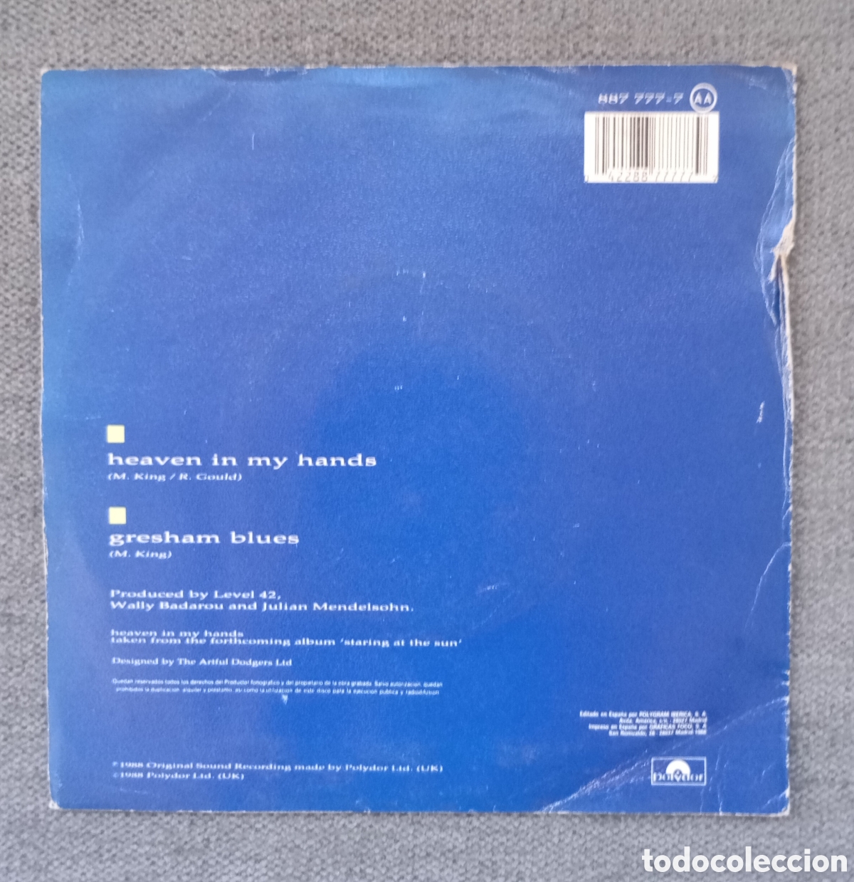 Discos de vinilo: Level 42. Heaven In My Hands/ Gresham Blues. Single 7&rdquo;, a&ntilde;o 1988. - Foto 2