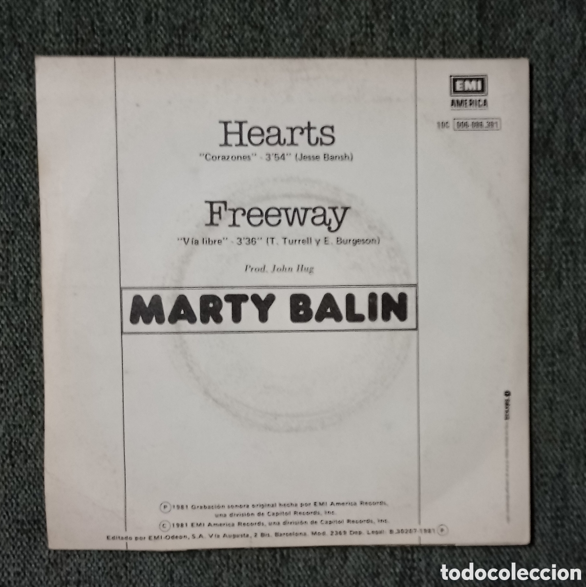 Discos de vinilo: Marty Balin. Hearts/ Freeway. Single 7&rdquo;, a&ntilde;o 1981. - Foto 2
