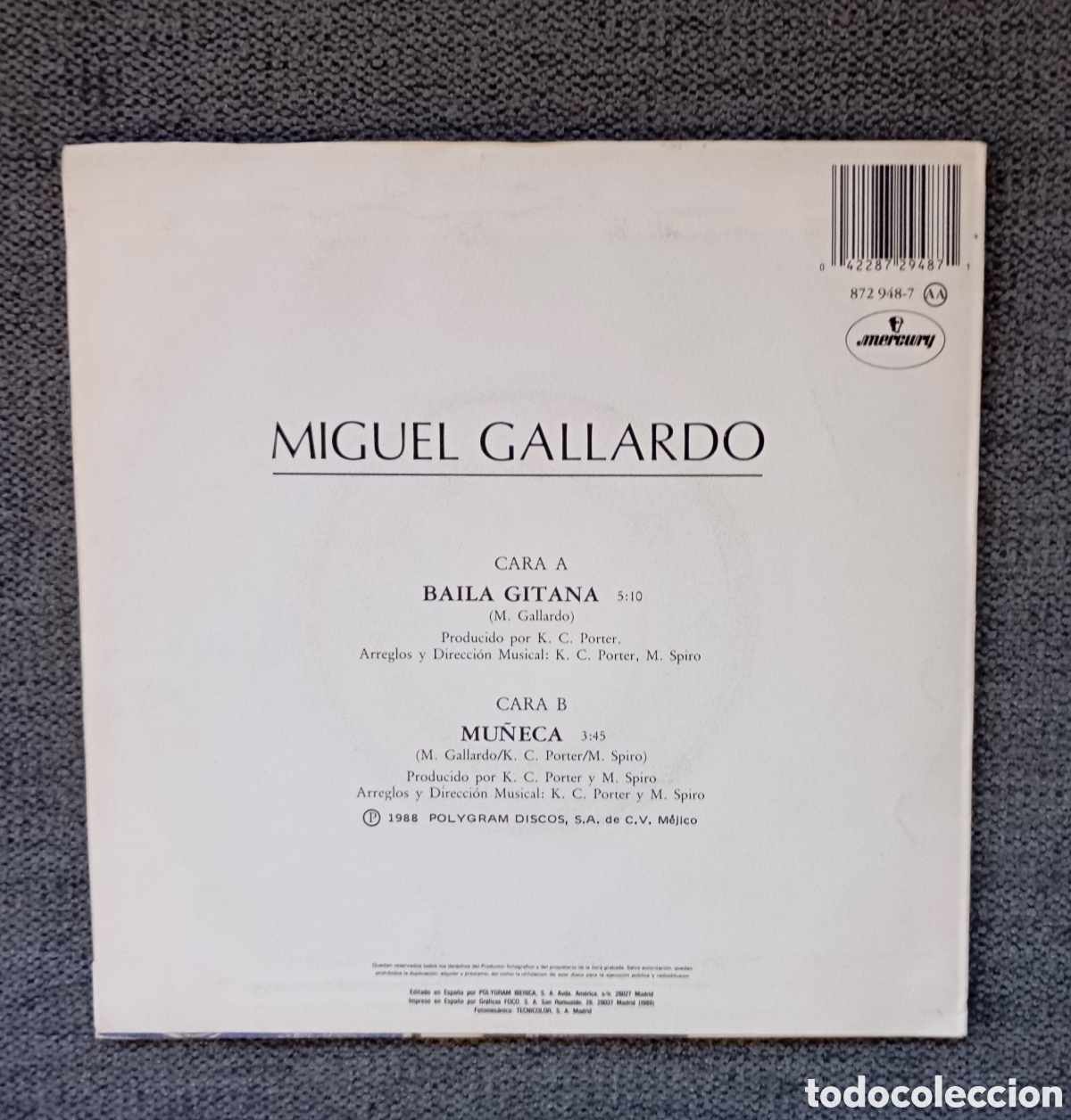 Discos de vinilo: Miguel Gallardo. Baila Gitana/ Mu&ntilde;eca. Single 7&rdquo;, a&ntilde;o 1988. - Foto 2