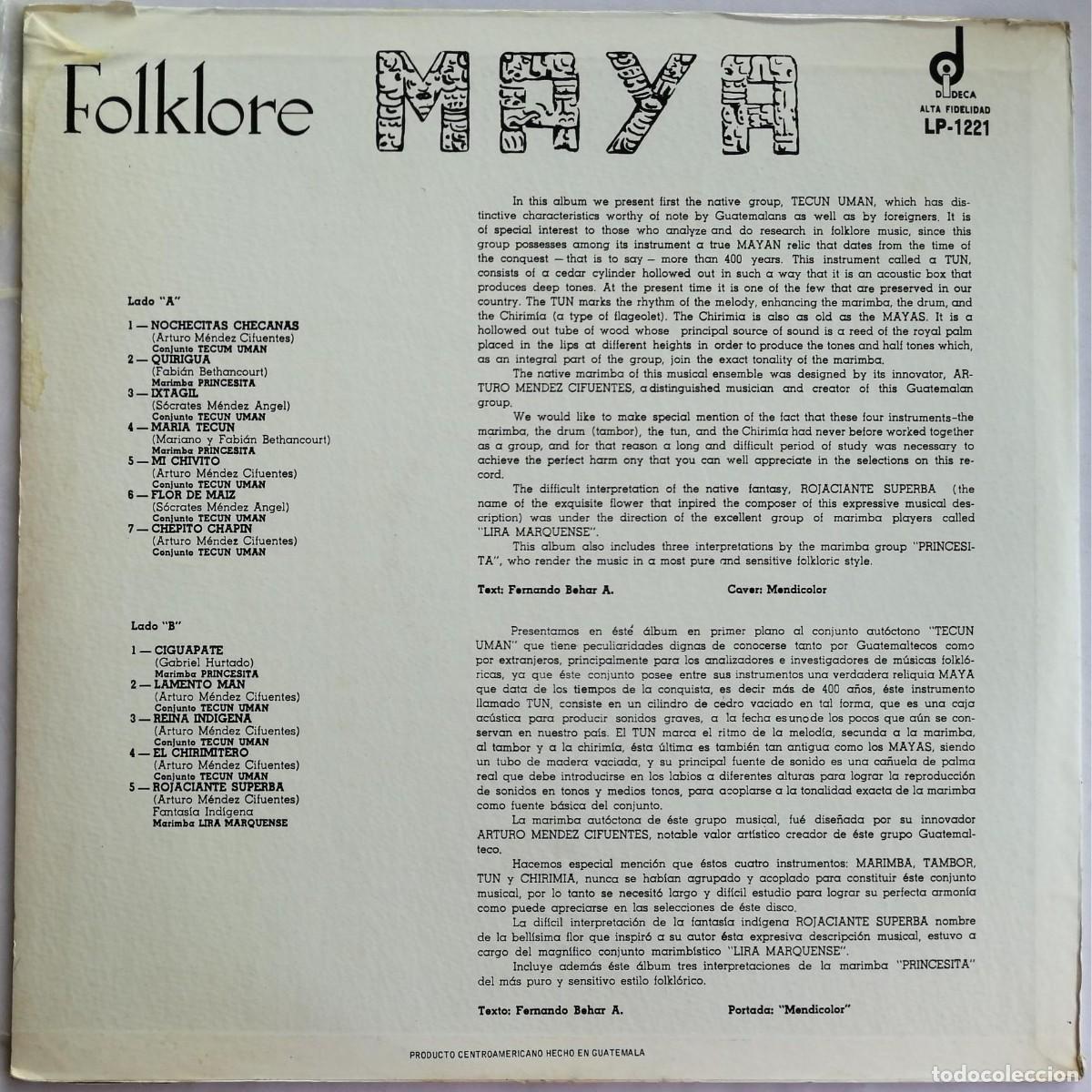 Discos de vinilo: Marimba Tecun Uman, Folklore Maya, Dideca LP-1221, GUATEMALA - Foto 2