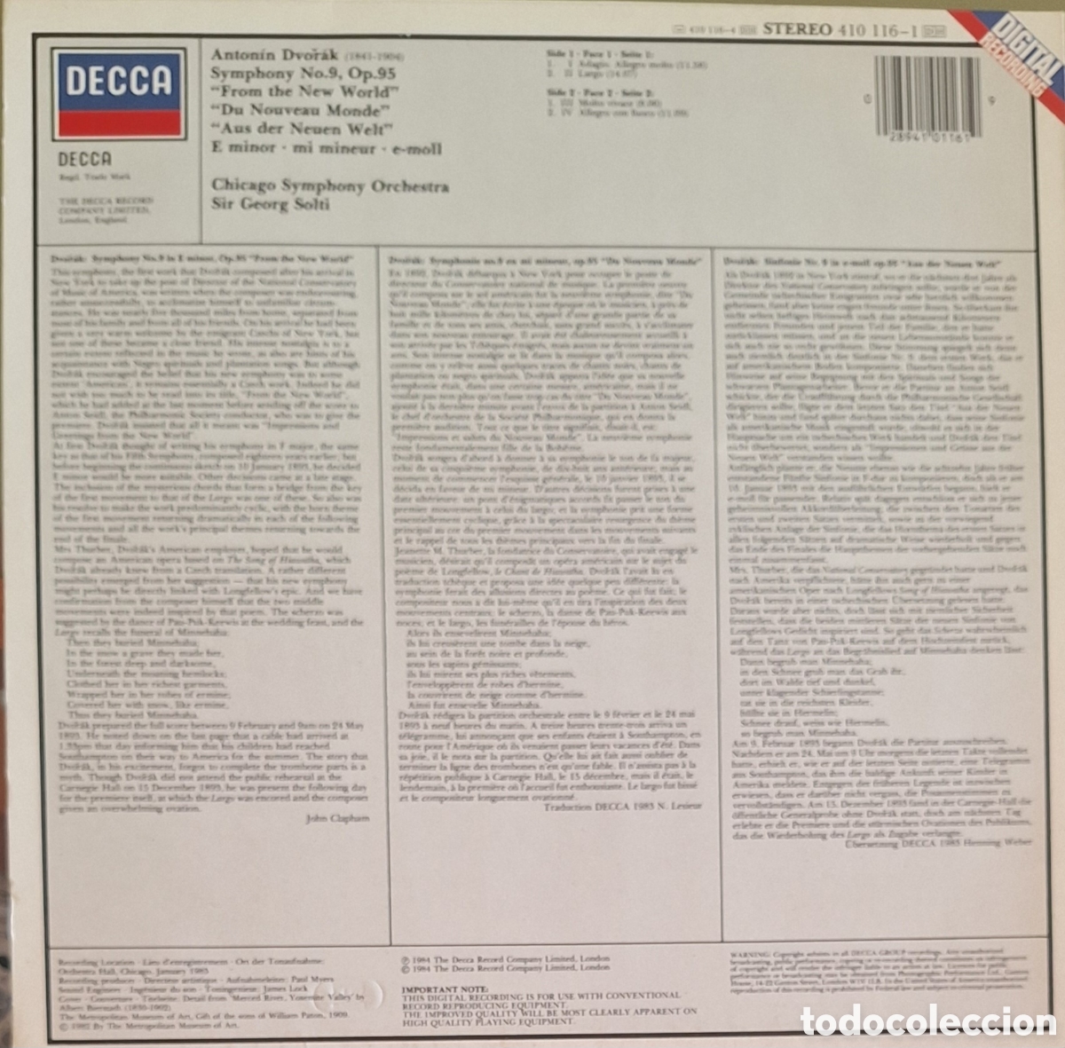 Discos de vinilo: Symphony No. 9. Dvoř&aacute;k. Dtor: Sir George Solti. - Foto 2