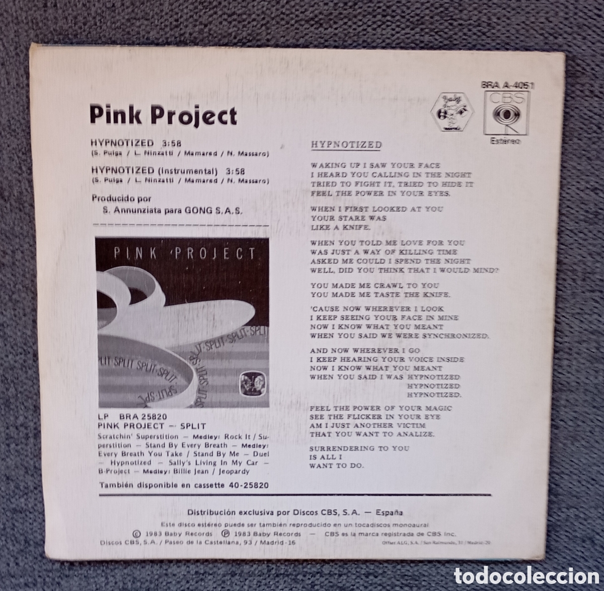 Discos de vinilo: Pink Project. Hypnotized/ Hypnotized instrumental. Single 7&rdquo;, a&ntilde;o 1983. - Foto 2