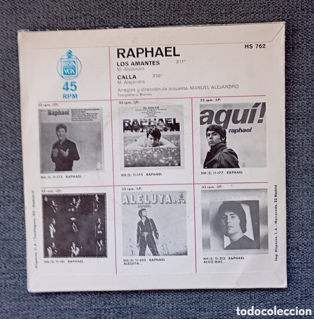 Discos de vinilo: Raphael. Los Amantes/ Calla. Single 7&rdquo;, a&ntilde;o 1971. - Foto 2