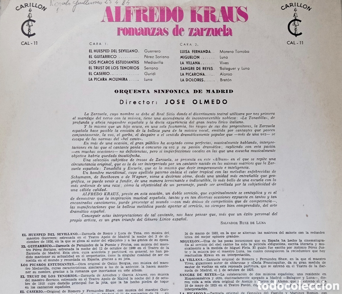 Discos de vinilo: Romanzas de Zarzuela (Alfredo Kraus) - Foto 2