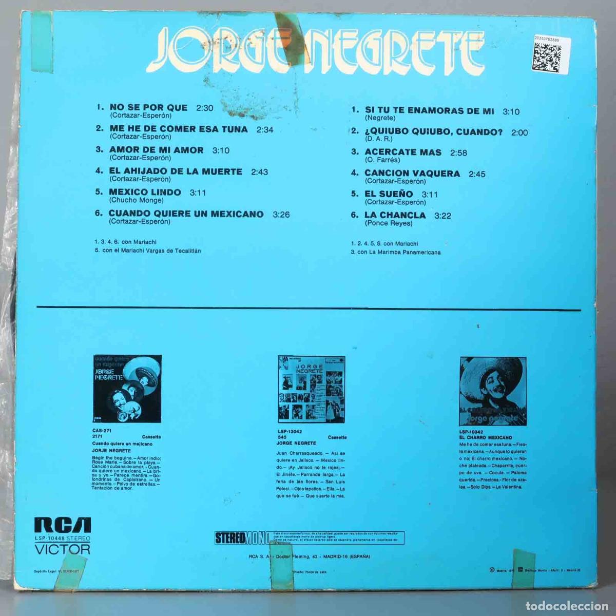 Discos de vinilo: LP. Jorge Negrete &ndash; Mexico Lindo - Foto 2