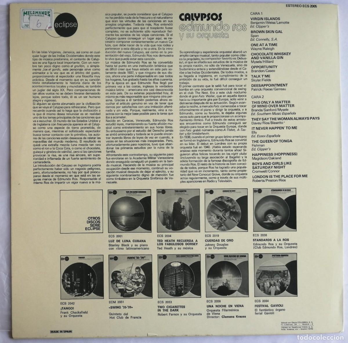 Discos de vinilo: Edmundo Ros Y Su Orquesta, Calypsos, Decca, Eclipse ECS 2005 - Foto 2