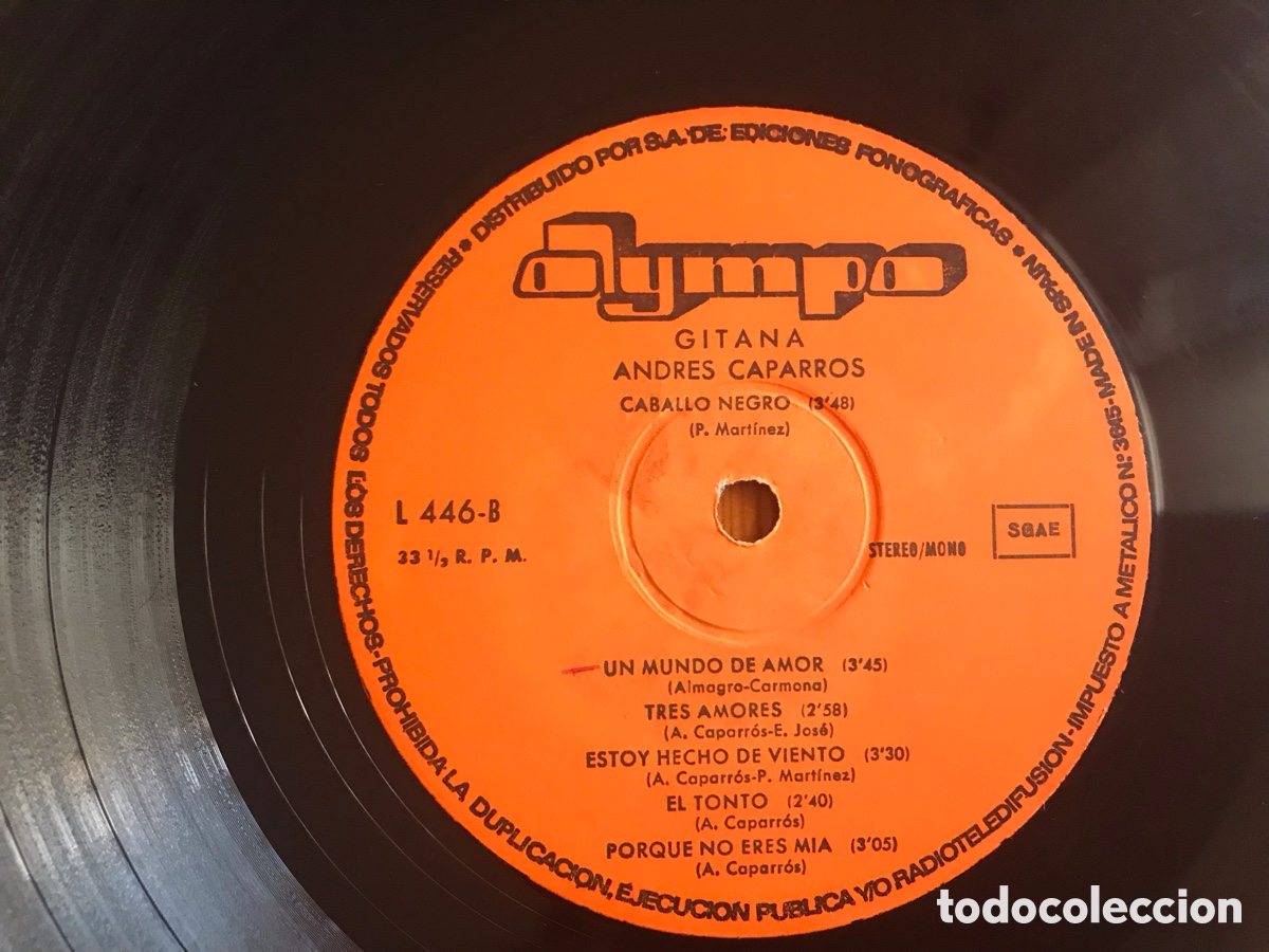 Discos de vinilo: Andr&eacute;s Caparr&oacute;s. Gitana. Solo disco - Foto 2