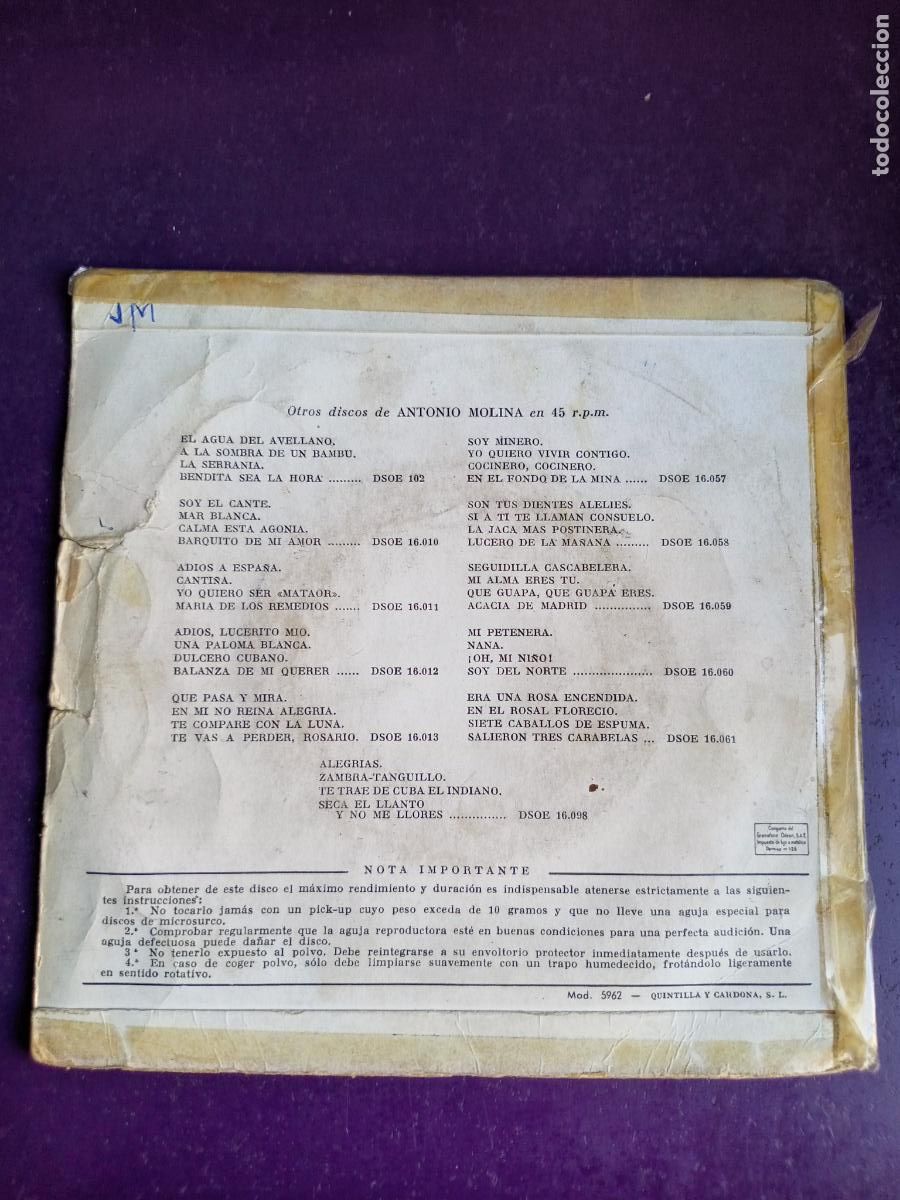 Discos de vinilo: ANTONIO MOLINA - SOLEARES +3 - EP ODEON 195? - COPLA - Foto 2