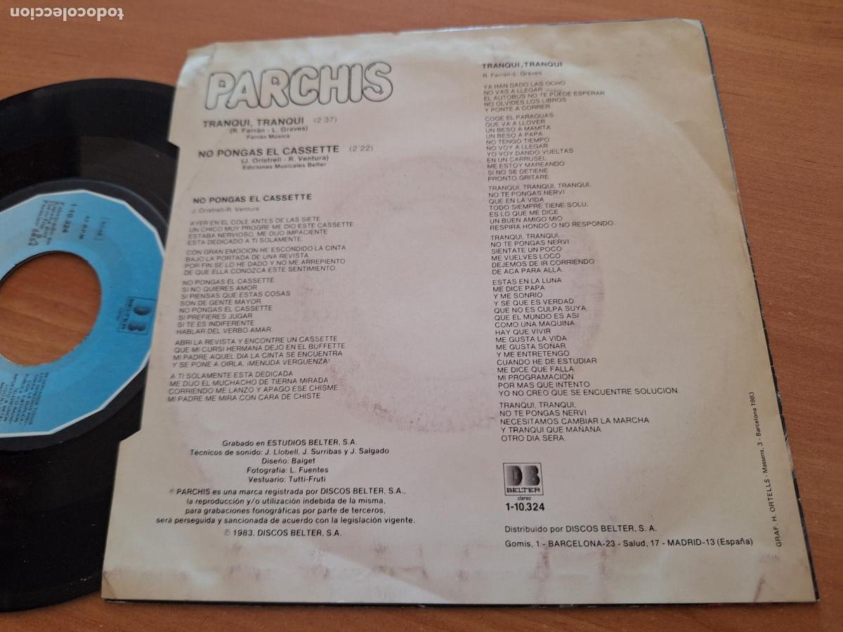 Discos de vinilo: PARCHIS (TRANQUI TRANQUI) SINGLE ESPA&Ntilde;A 1983 (EPI28) - Foto 3