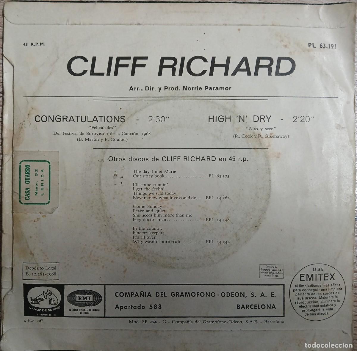 Discos de vinilo: Disco vinilo single Cliff Richard (Congratulations) - Foto 2