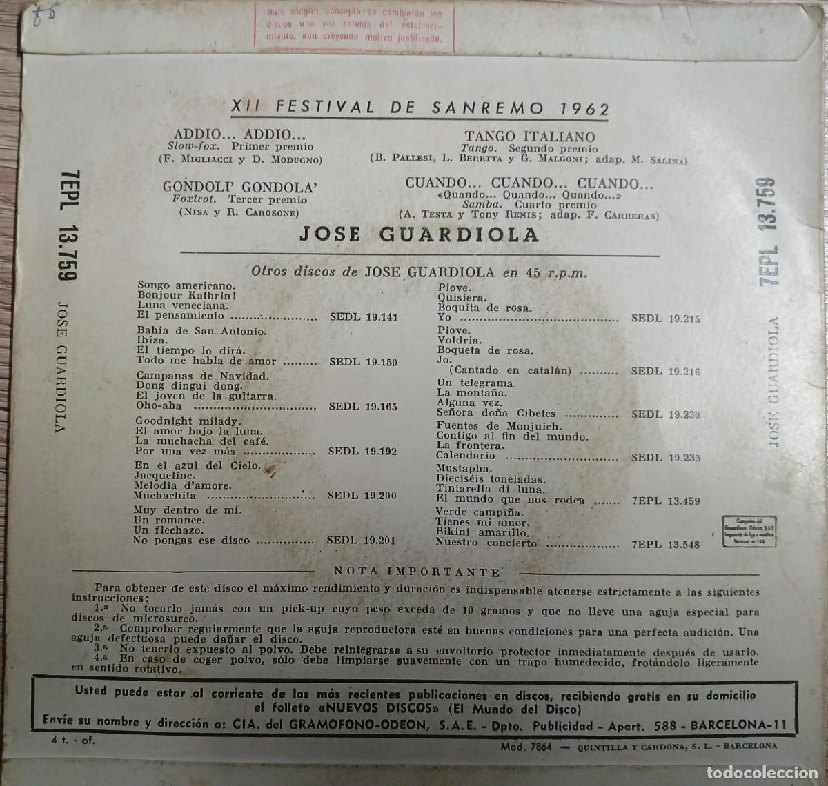 Discos de vinilo: Disco vinilo single Jose Guardiola (Los exitos San remo 1962) - Foto 2