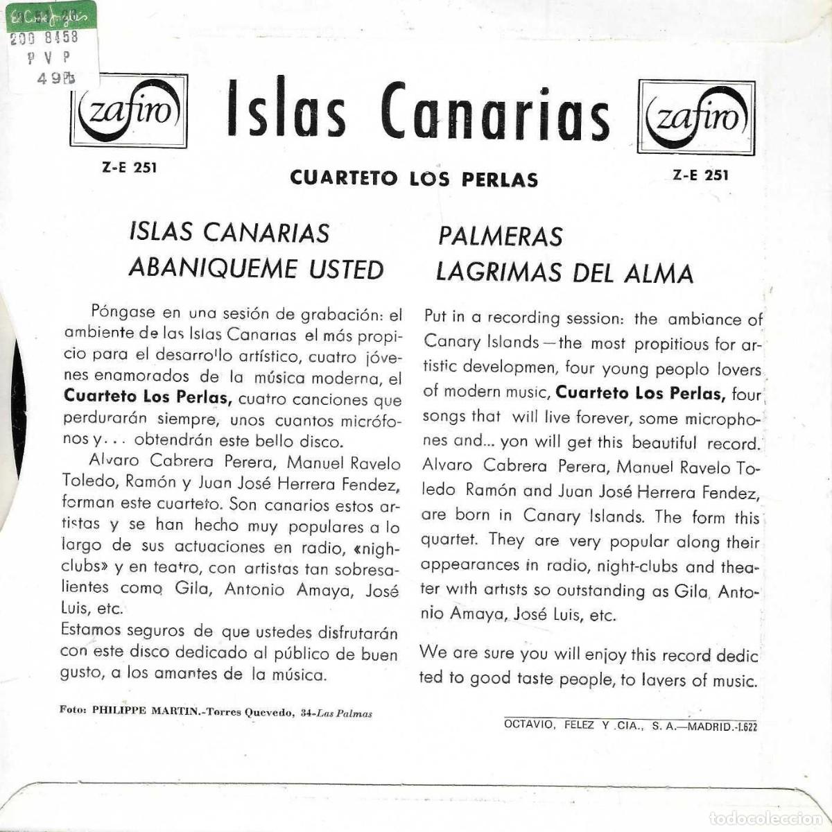 Discos de vinilo: ISLAS CANARIAS - CUARTETO LOS PERLAS - ZAFIRO - 1961 - Foto 4