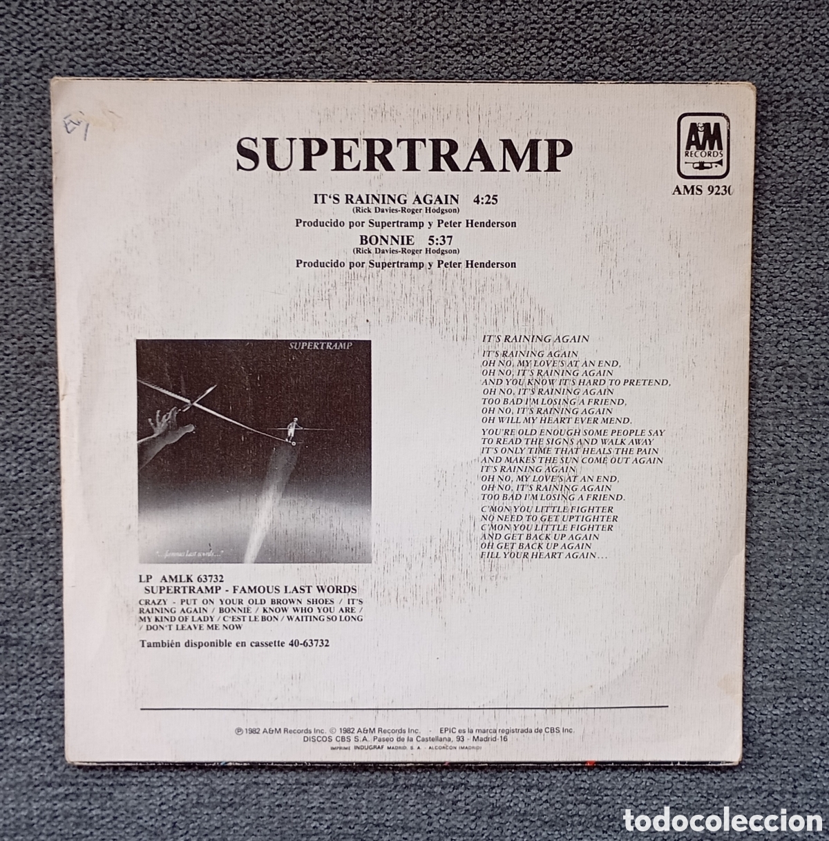 Discos de vinilo: Supertramp. Its Raining Again/ Bonnie. Single 7&rdquo;, a&ntilde;o 1982. - Foto 2
