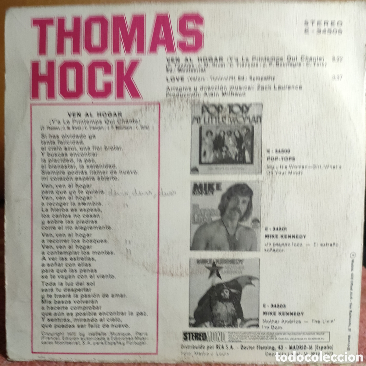 Discos de vinilo: Thomas Hock &ndash; Ven Al Hogar . 1973 original Spain disco 7&rdquo; vinilo - Foto 2