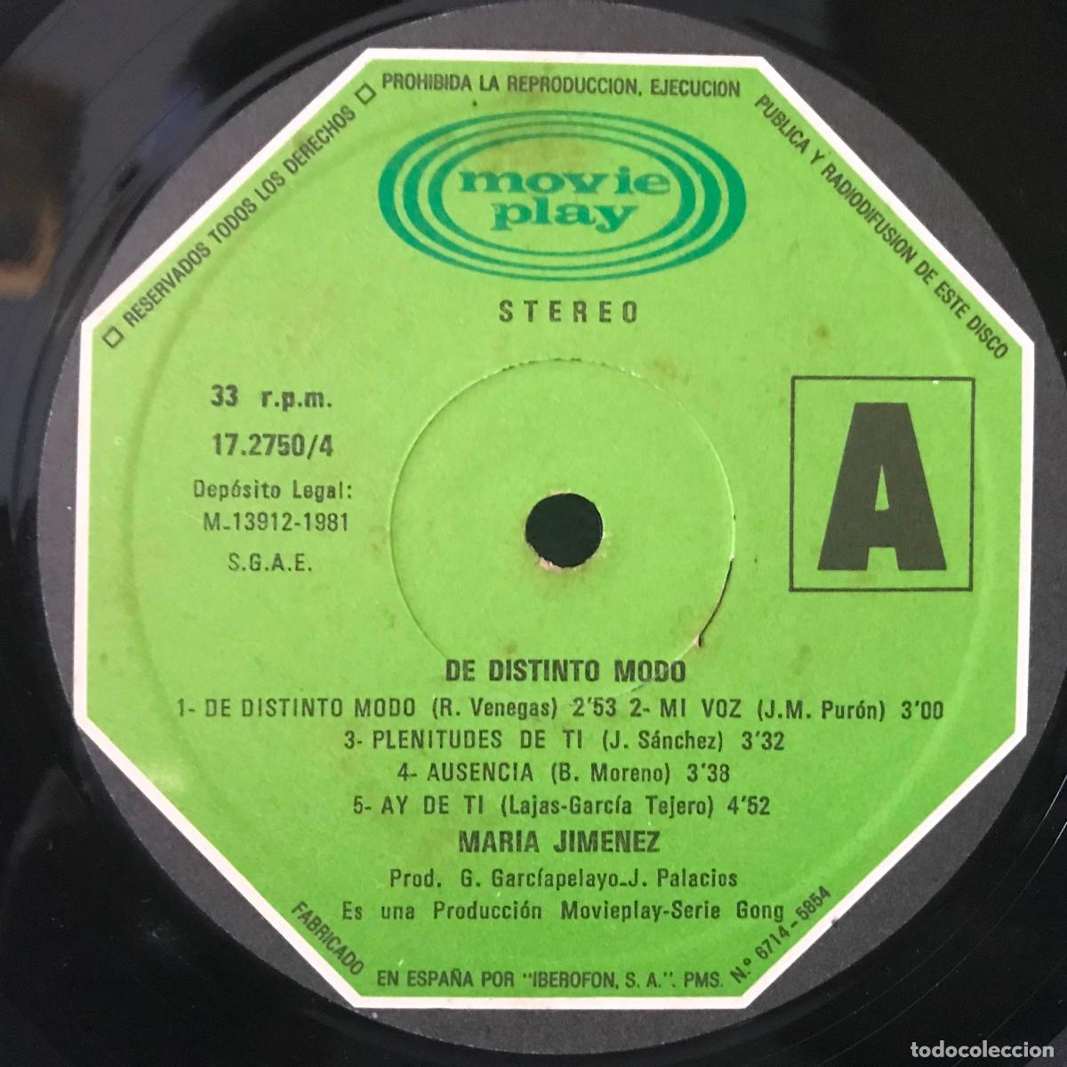 Discos de vinilo: Mar&iacute;a Jim&eacute;nez. De distinto modo. 1981 - Foto 3