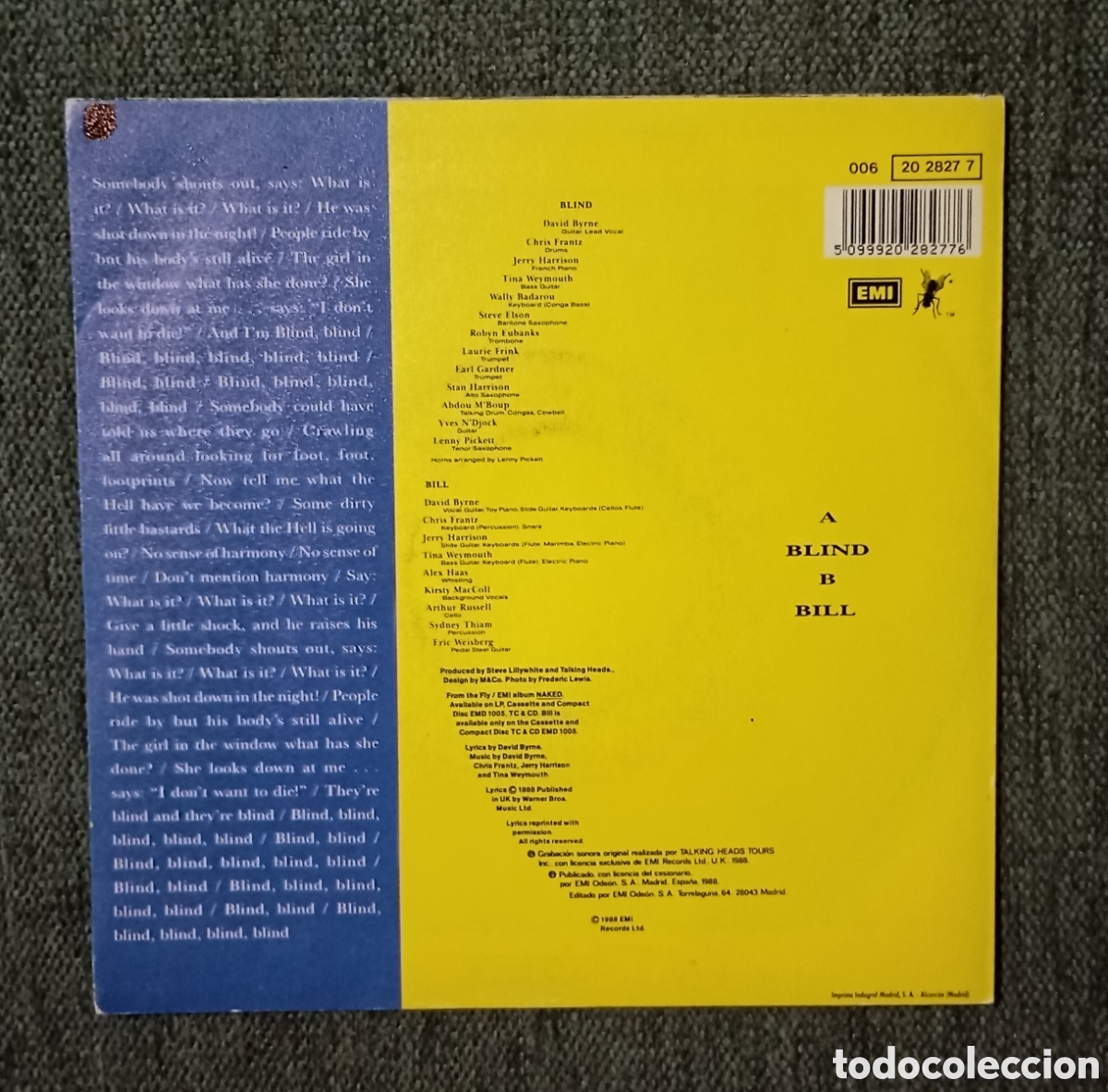 Discos de vinilo: Talking Heads. Blind/ Bill. Single 7&rdquo;, a&ntilde;o 1988. - Foto 2