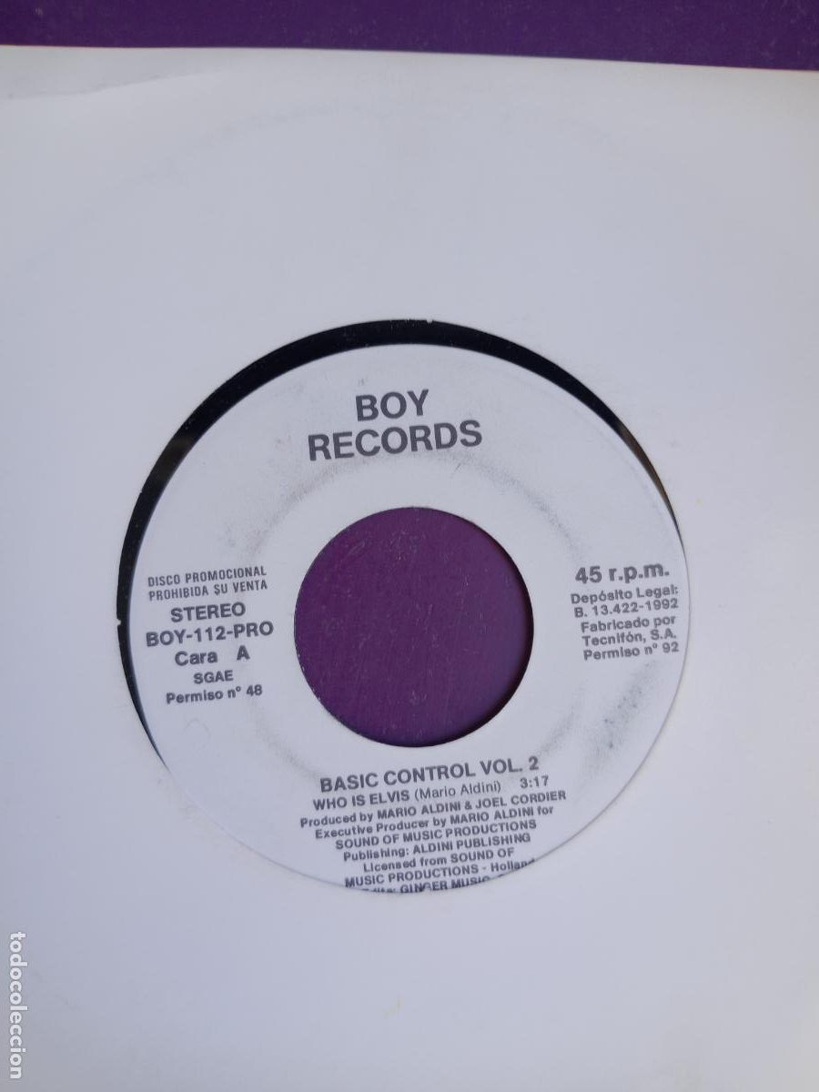 Discos de vinilo: Basic Control &lrm;Vol. 2 - WHOS ELVIS - Sg BOY 1992 - electronica house techno - Foto 1