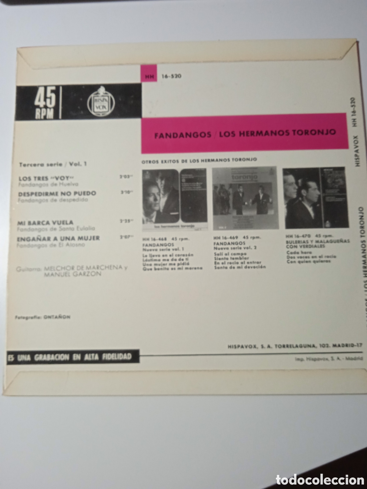 Discos de vinilo: Los hermanos Toronjo, fandangos - Foto 2