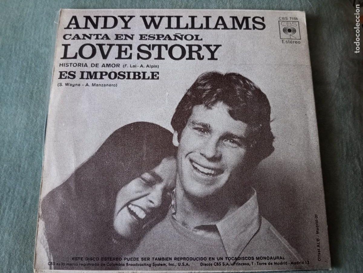 Discos de vinilo: ANDY WILLIAMS, LOVE STORY, SINGLE DE VINILO - Foto 1