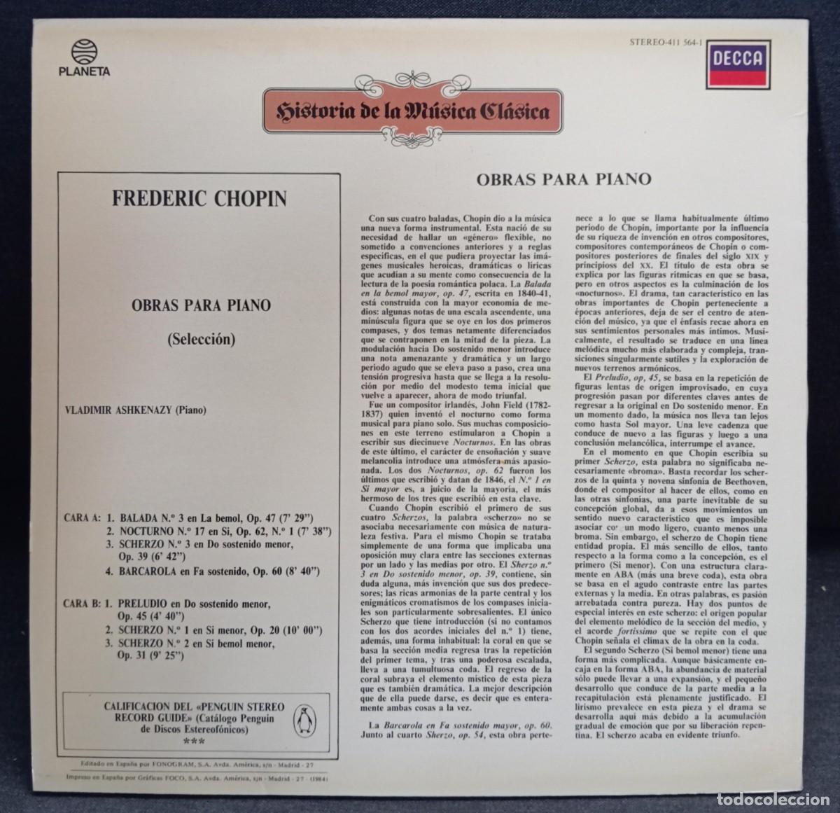 Discos de vinilo: VINILO FREDERIC CHOPIN - OBRAS PARA PIANO - Foto 2