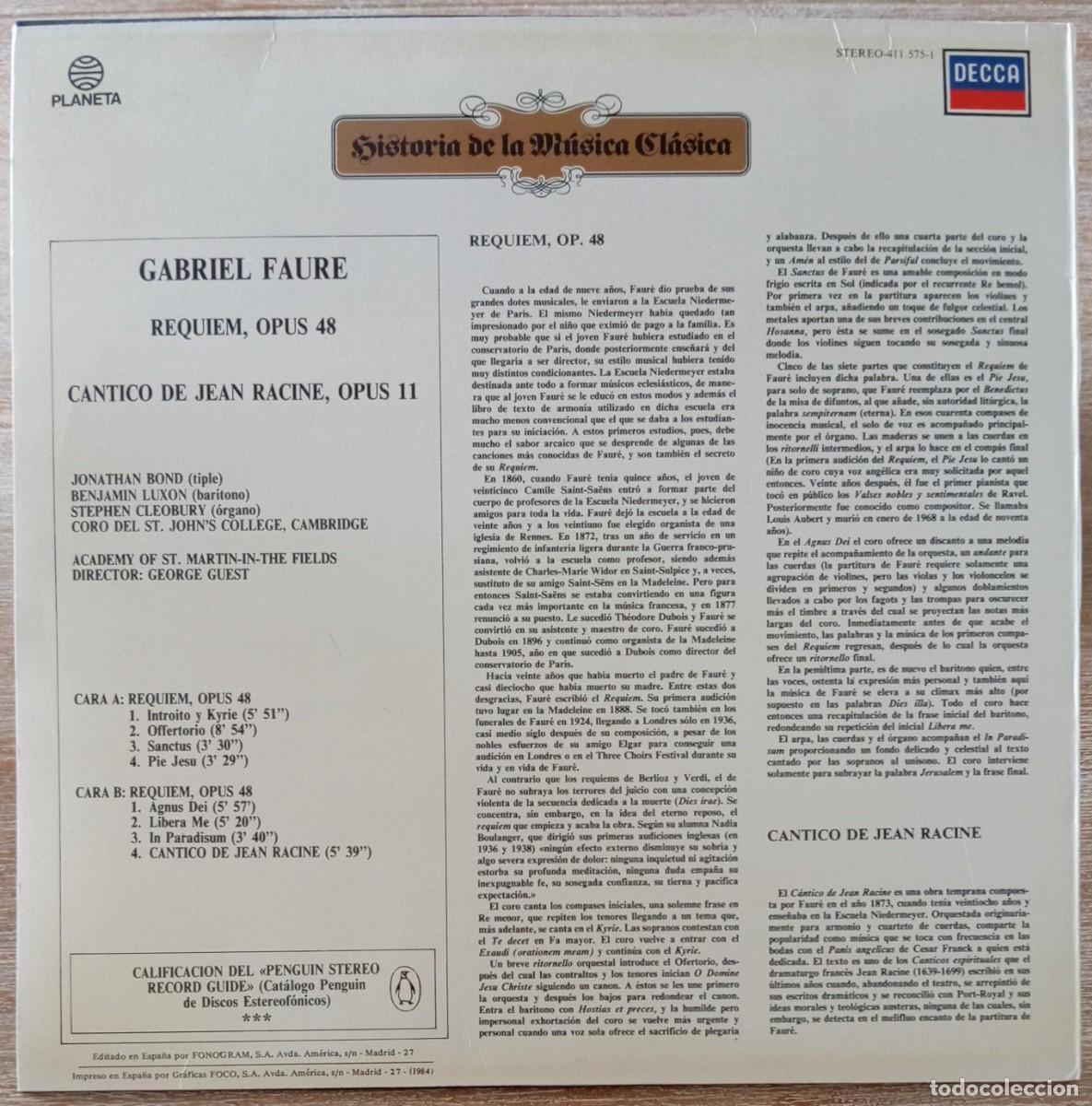 Discos de vinilo: VINILO GABRIEL FAURE - REQUIEM OP. 43 - Foto 2