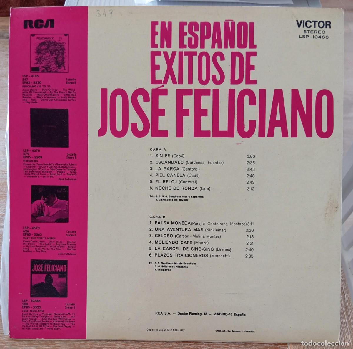 Discos de vinilo: VINILO EN ESPA&Ntilde;OL EXITOS DE JOSE FELICIANO - Foto 2