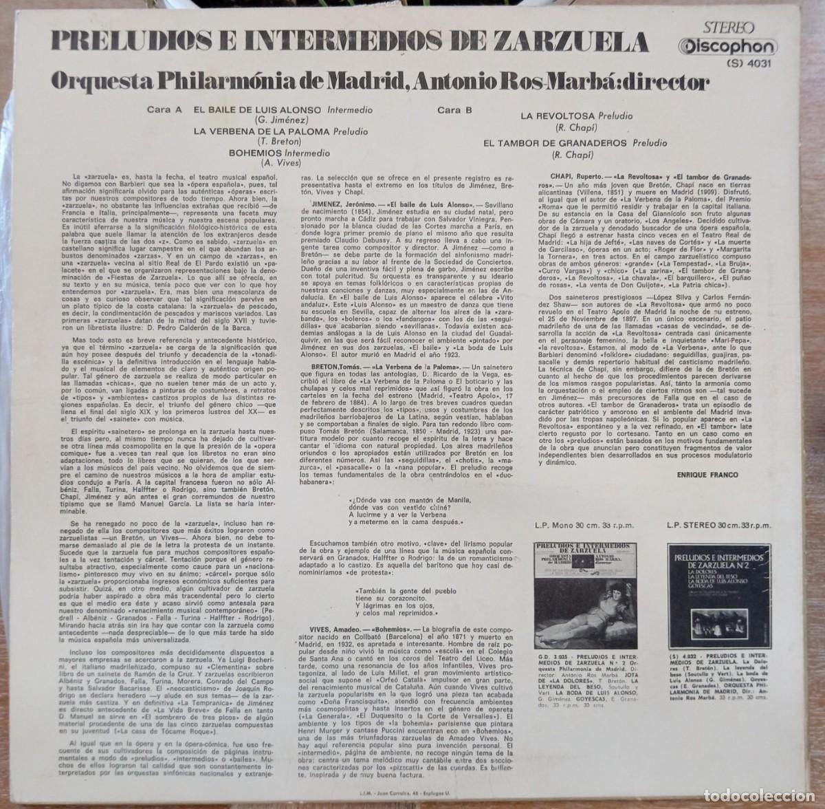 Discos de vinilo: VINILO PRELUDIOS E INTERMEDIOS DE ZARZUELA N 1 - Foto 2
