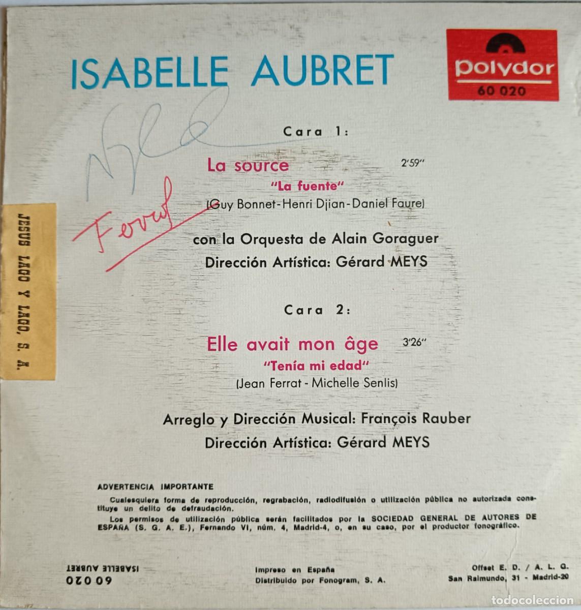 Discos de vinilo: EUROVISI&Oacute;N 68. FRANCIA. &rdquo;La source&rdquo; - ISABELLE AUBRET - Foto 2