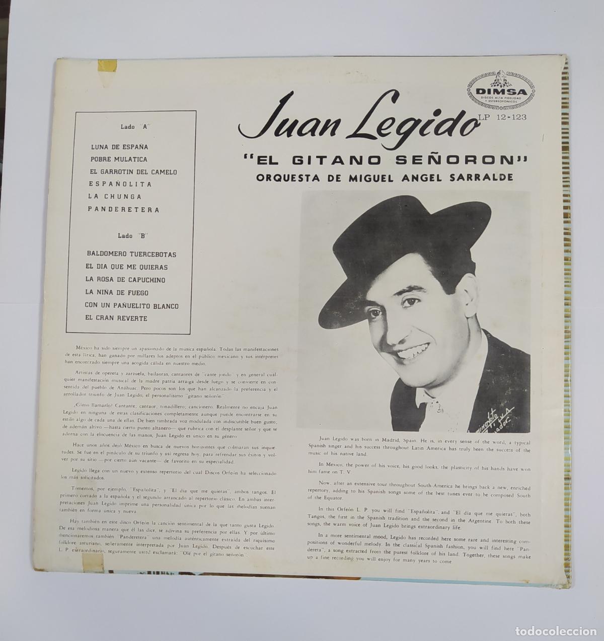 Discos de vinilo: Juan Legido - El gitano se&ntilde;or&oacute;n. LP. TDKLP6 - Foto 2