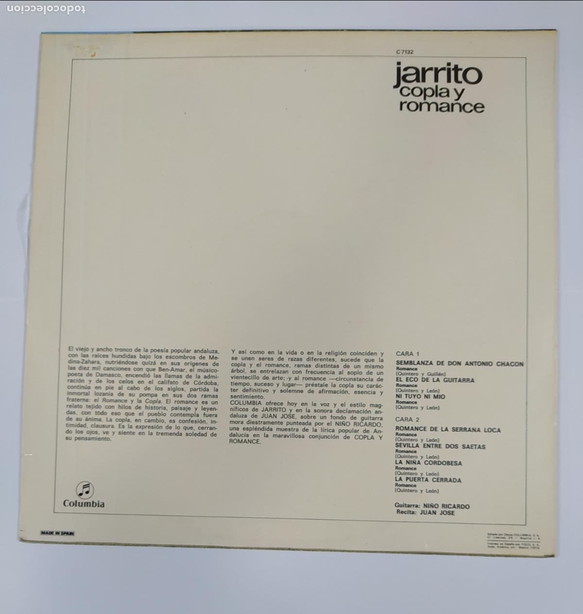 Discos de vinilo: JARRITO. COPLA Y ROMANCE. LP. TDKLP6 - Foto 2