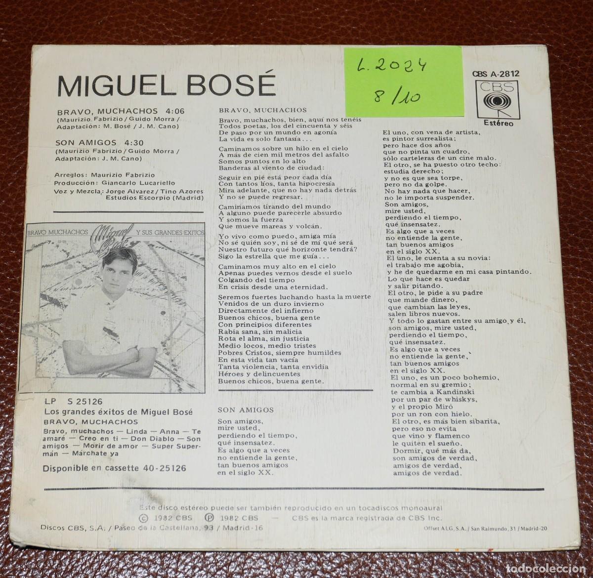 Discos de vinilo: SINGLE MIGUEL BOSE - BRAVO MUCHACHOS - SON AMIGOS - Foto 2