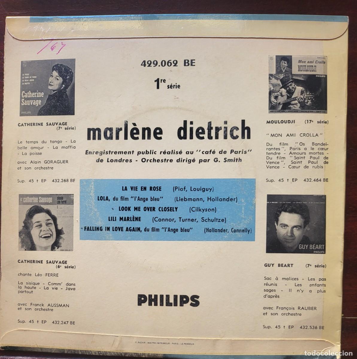 Discos de vinilo: Marlene Dietrich Ep sello Philips editado en Francia... - Foto 2