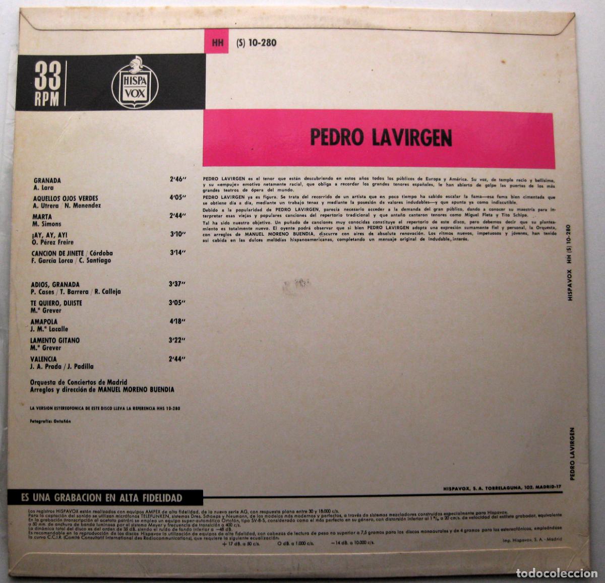 Discos de vinilo: Pedro Lavirgen - Exitos de Siempre - Granada - LP Hispavox 1967 BPY - Foto 2