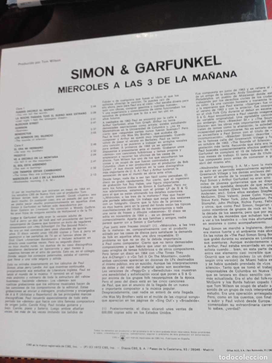 Discos de vinilo: SIMON & GARFUNKEL- WEDNESDAY MORNING, 3AM. LP - Foto 2