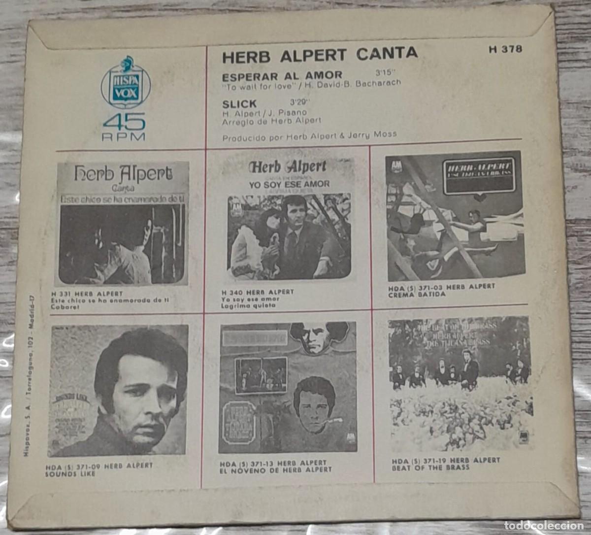 Discos de vinilo: Herb Alpert - canta Esperar al amor / Slick - HISPAVOX 1968 - Foto 2