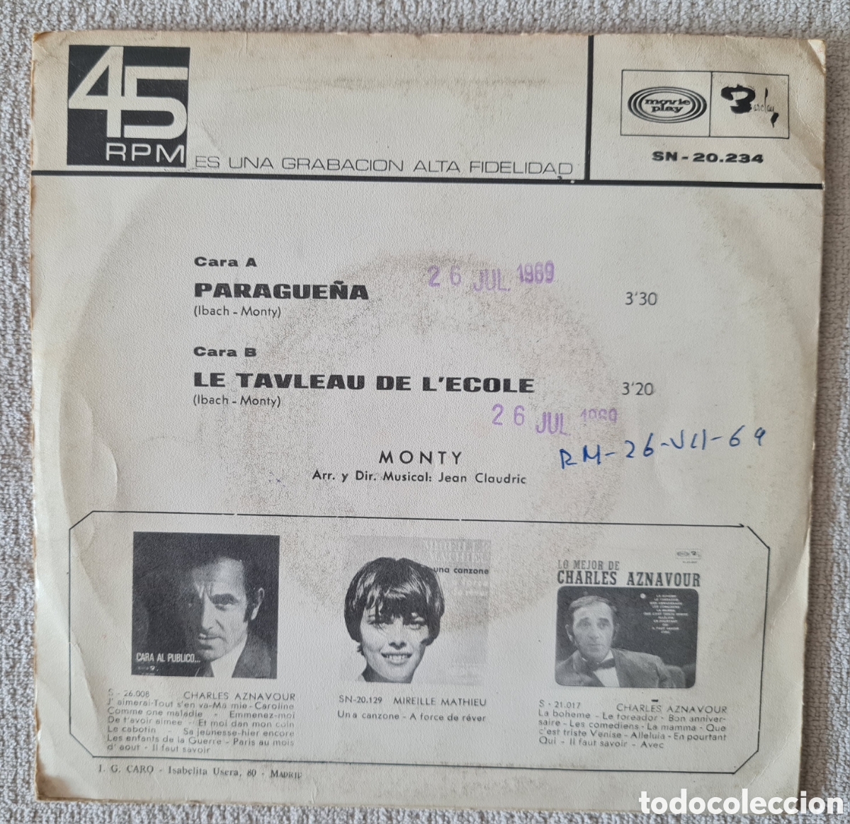 Discos de vinilo: SINGLE - MONTY - PARAGUE&Ntilde;A - 1969 - Foto 2