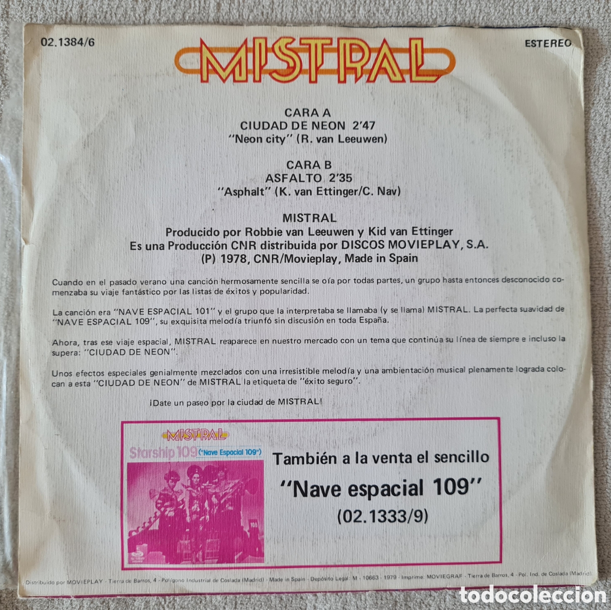 Discos de vinilo: SINGLE - MISTRAL - CIUDAD DE NEON - 1979 - Foto 2