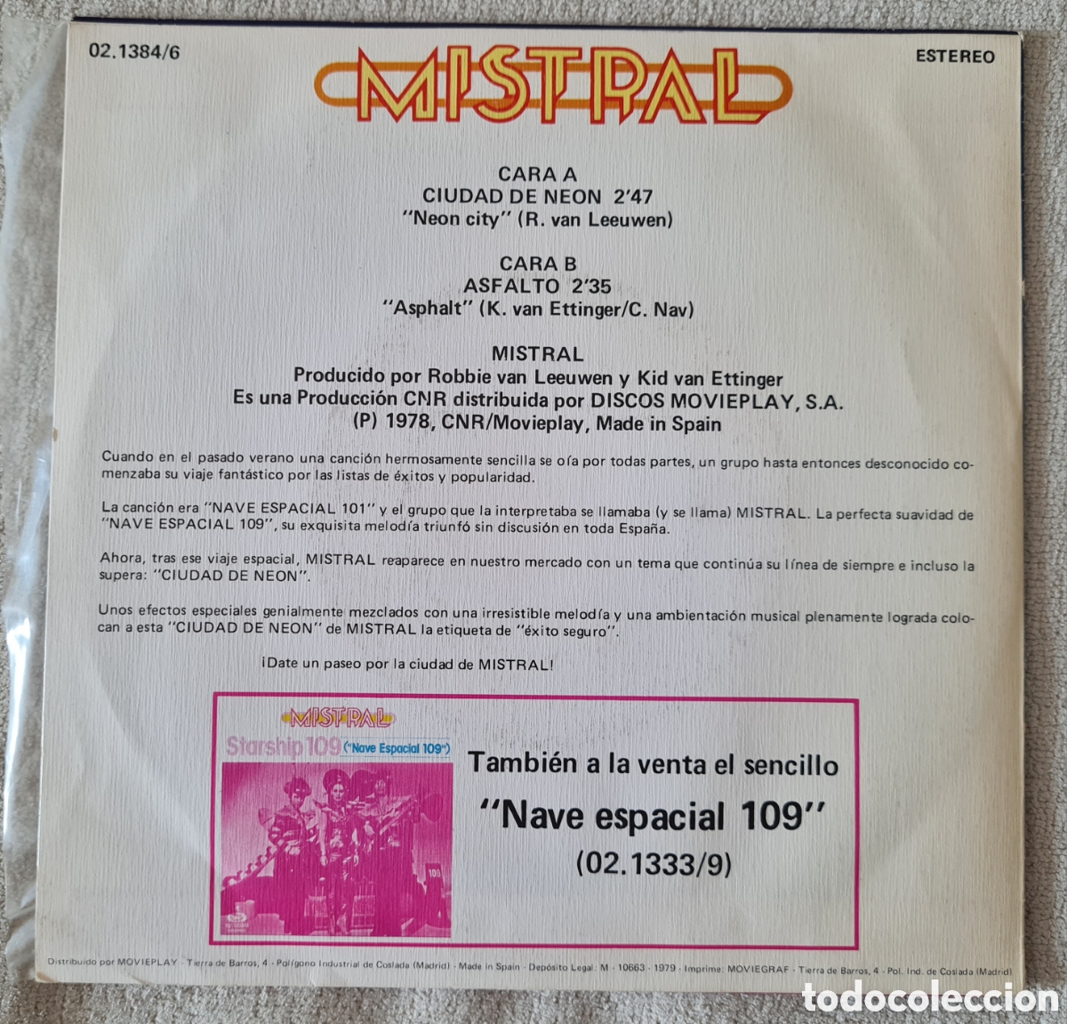 Discos de vinilo: SINGLE - MISTRAL - CIUDAD DE NEON - 1979 - Foto 2