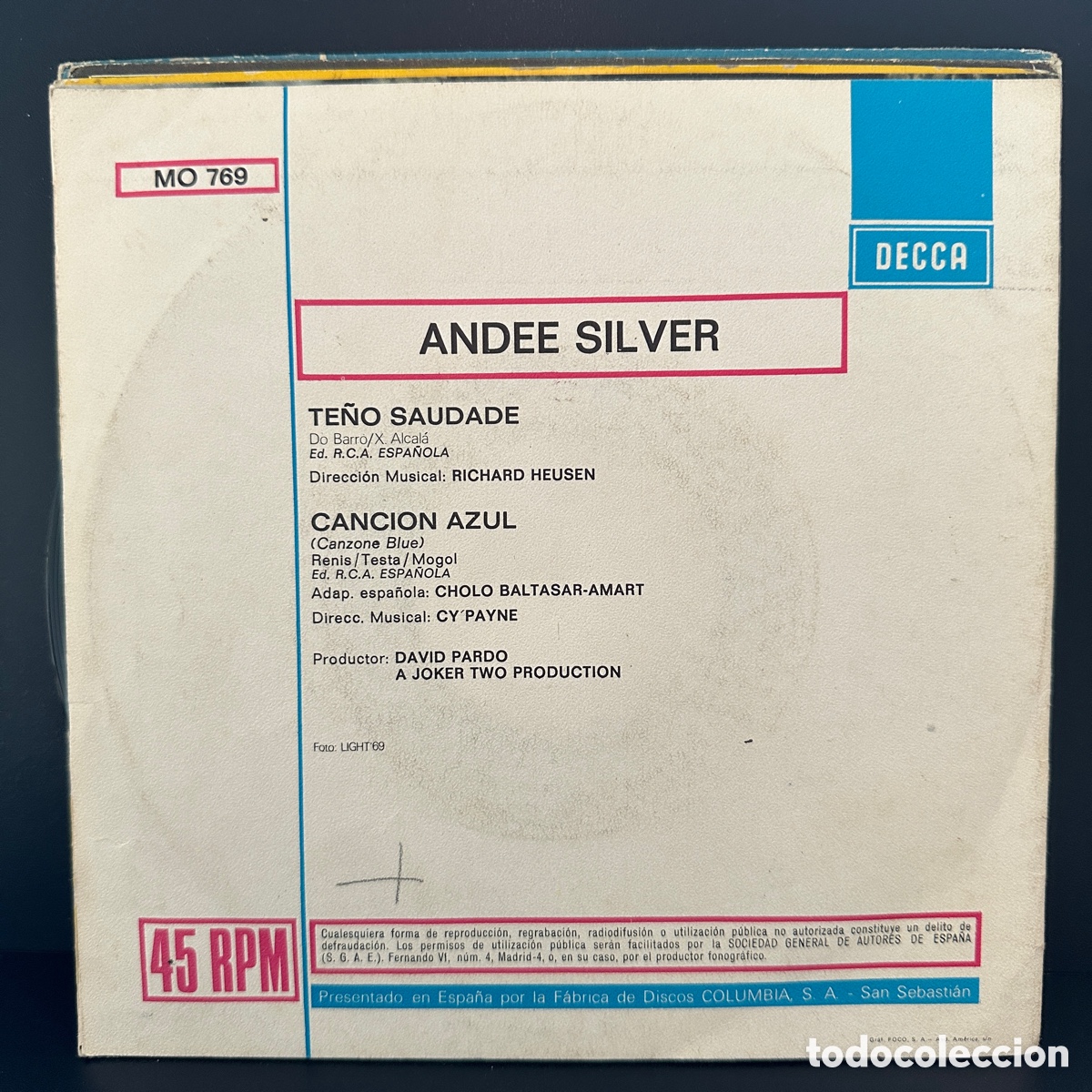 Discos de vinilo: Andee Silver - Te&ntilde;o Saudade / Cancion Azul (7&rdquo;, Single) - Foto 2