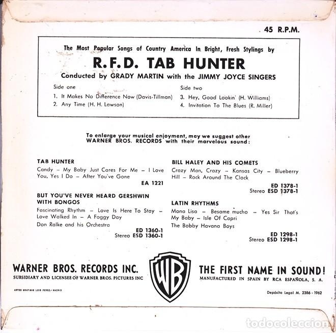 Discos de vinilo: Tab Hunter &ndash; It makes no difference now; Any time + 2 &ndash; WARNER 1367 &ndash; 1962 - Foto 2