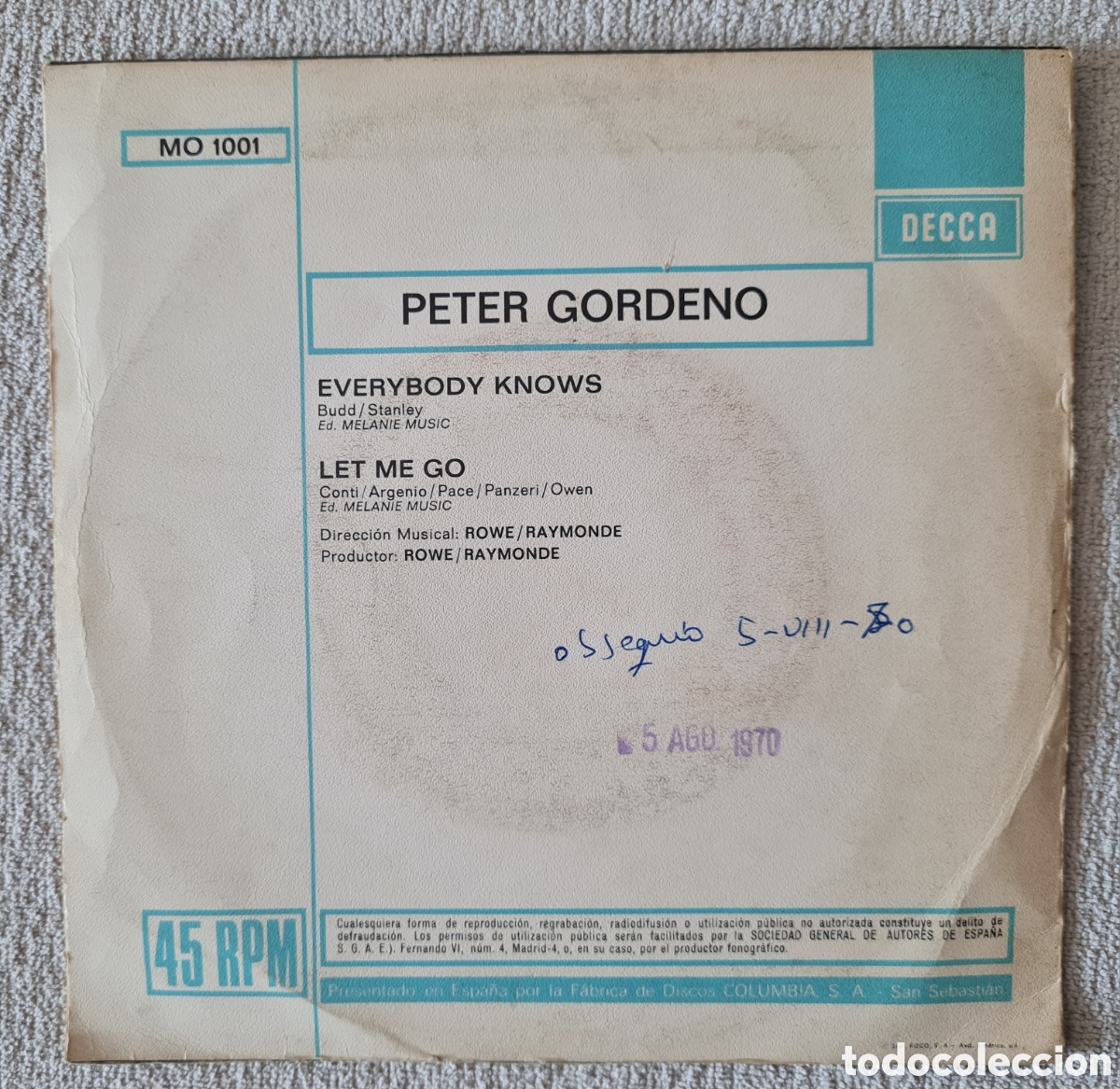 Discos de vinilo: SINGLE - PETER GORDENO - EVERYBODY KNOWS - 1970 - Foto 2