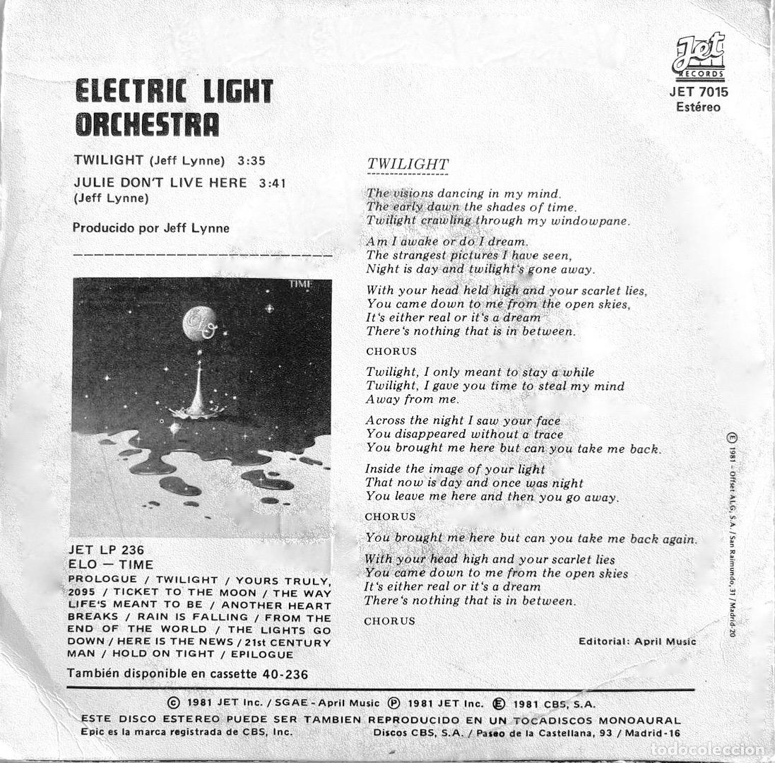 Discos de vinilo: ELO. CREPUSCULO. TWILIGHT. SINGLE ORIGINAL ESPA&Ntilde;A - Foto 2